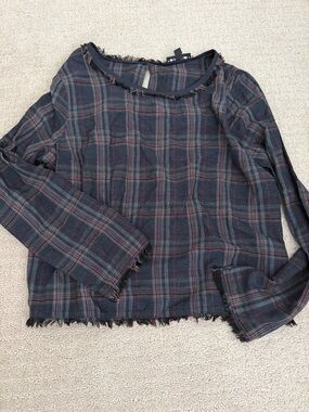 DREW Navy Plaid Frayed Hem Long Sleeve Blouse